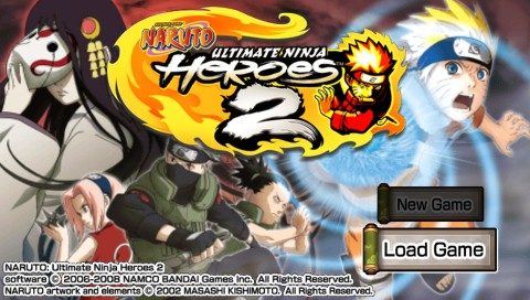 Naruto Ultimate Ninja Heroes 2 The Phantom Fortress title screen for PSP